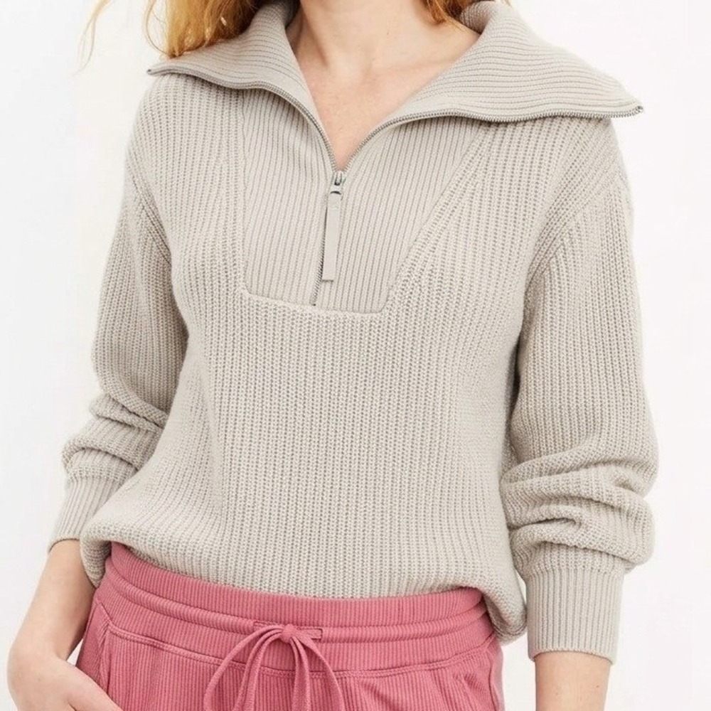 Lou‎ & Grey Quarter Zip Sweater Womens Medium Beige Excellent Cotton Shaker Knit